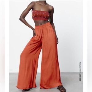 Chic Zara Satin Effect Elastic Wide Let Waist Pants w/ Pockets (Size Small)